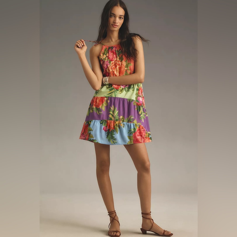 NWT Farm Rio x Anthropologie Halter Floral Tiered Mini Dress